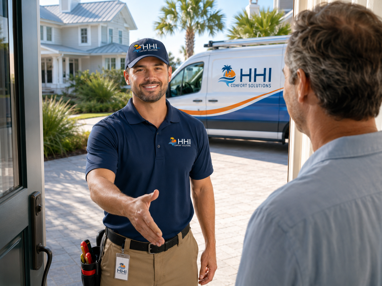 HHI Climate Solutions technician changing an HVAC filter during a preventative maintenance visit