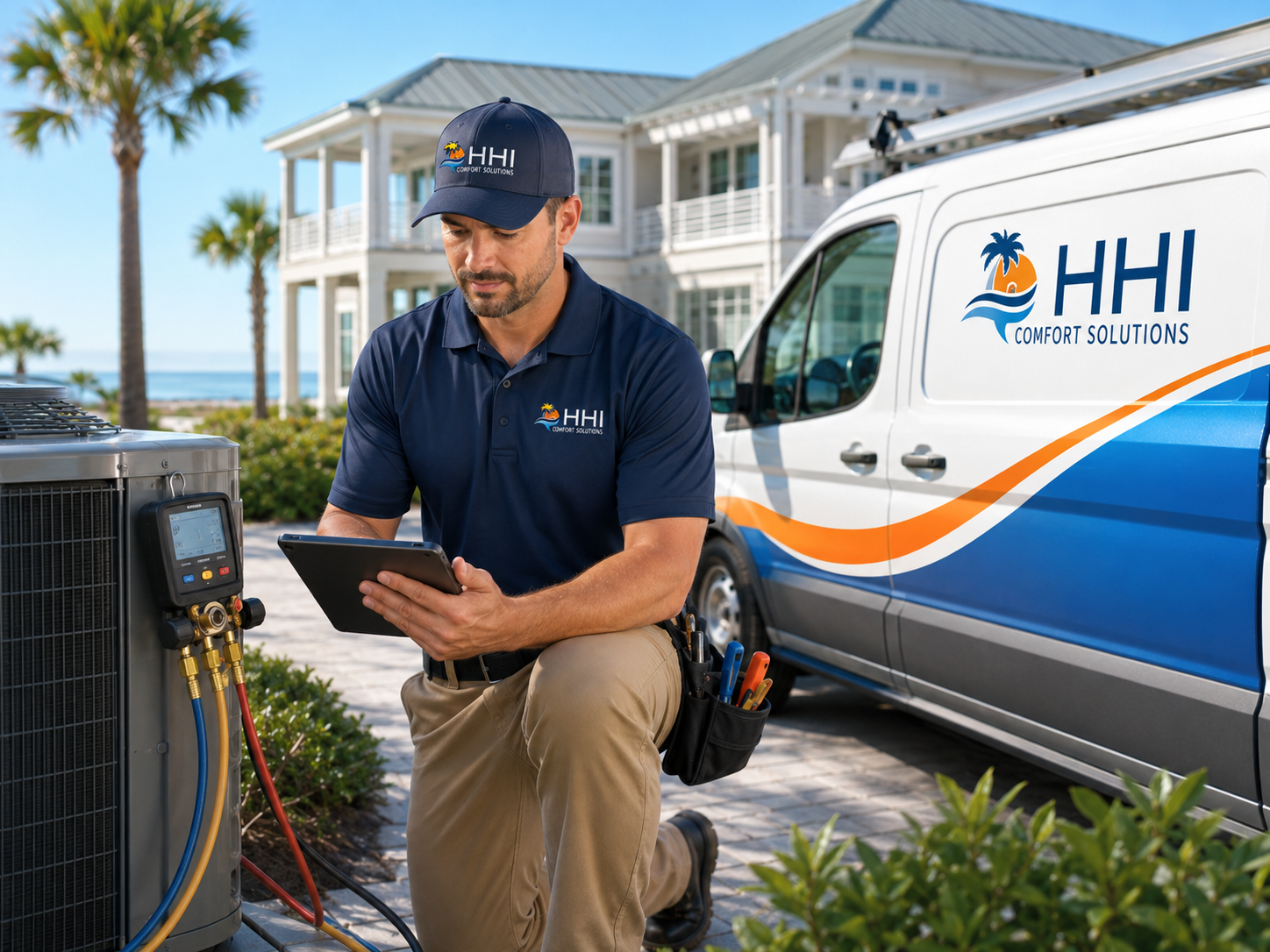 HHI Climate Solutions technician servicing an air conditioning unit at a Hilton Head coastal home