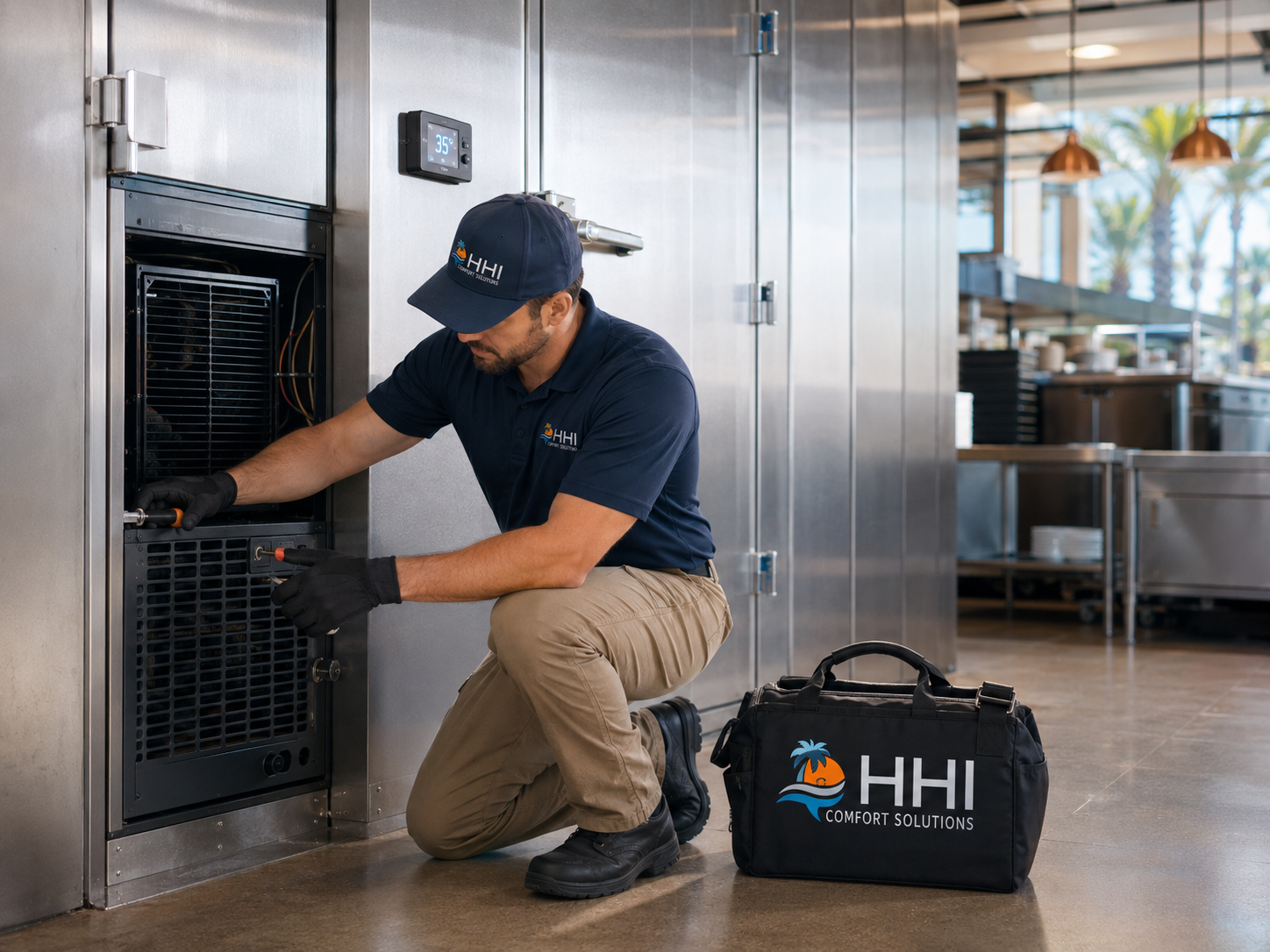 HHI Climate Solutions technician repairing commercial refrigeration equipment in a restaurant kitchen