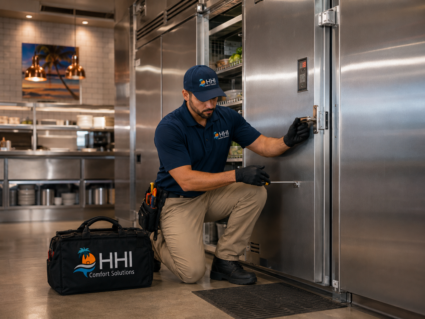 HHI Comfort Solution technician working on commercial refrigeration equipment