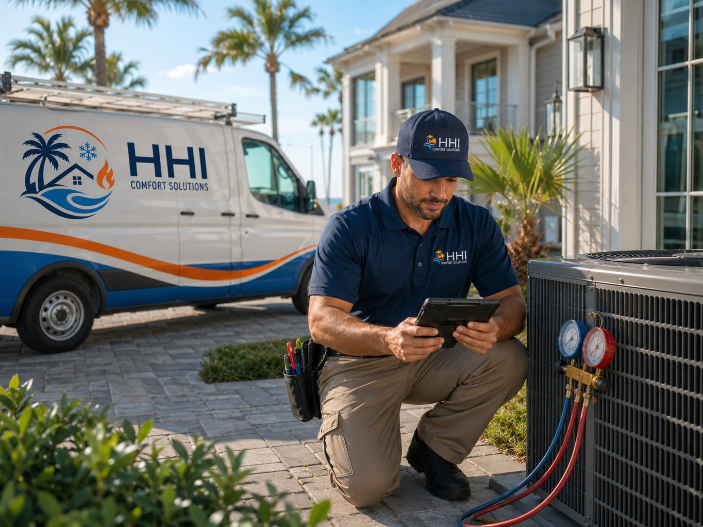 HHI Comfort Solution technician servicing residential AC unit in Hilton Head Island